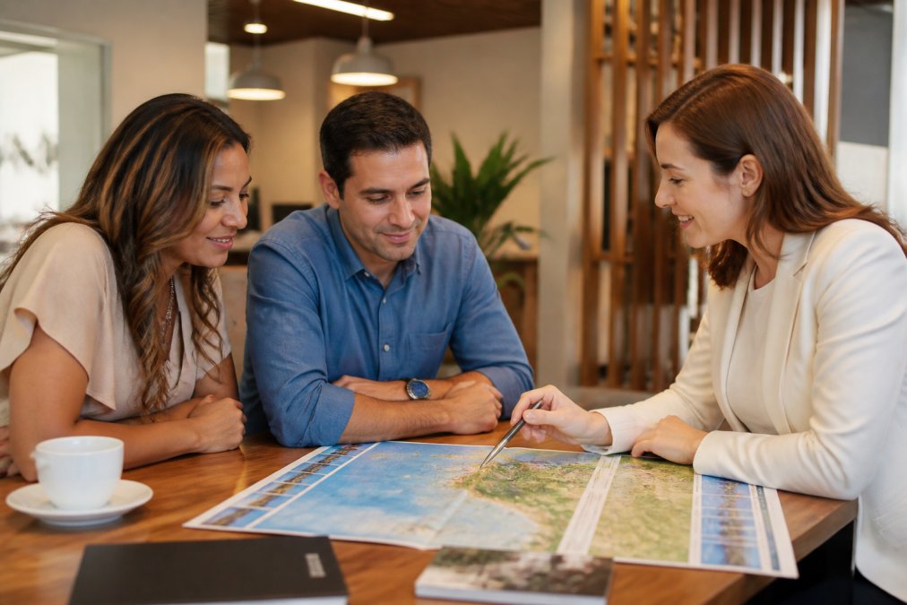 A professional travel advisor sitting across from a couple at a modern office desk, pointing to a colorful printed destination map, engaged and relaxed conversation, warm overhead lighting