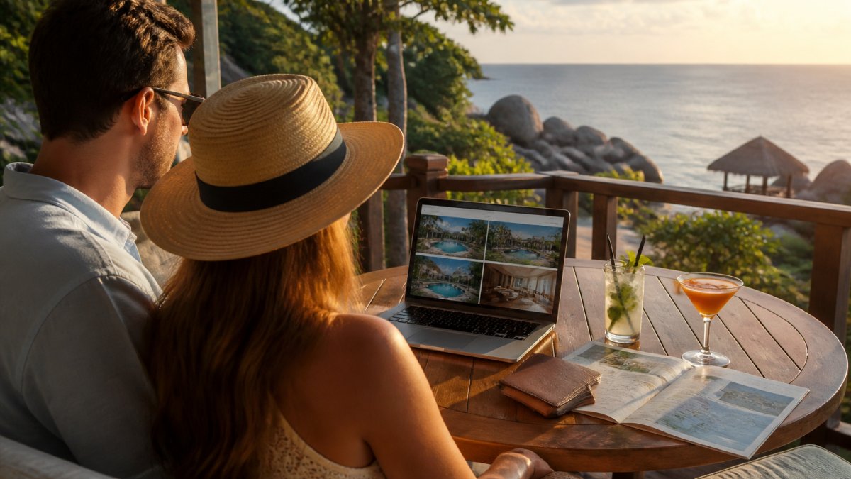 A couple relaxing on a luxury resort terrace overlooking the ocean at golden hour, open laptop on a teak table showing a travel booking site, cocktails and a folded itinerary beside it