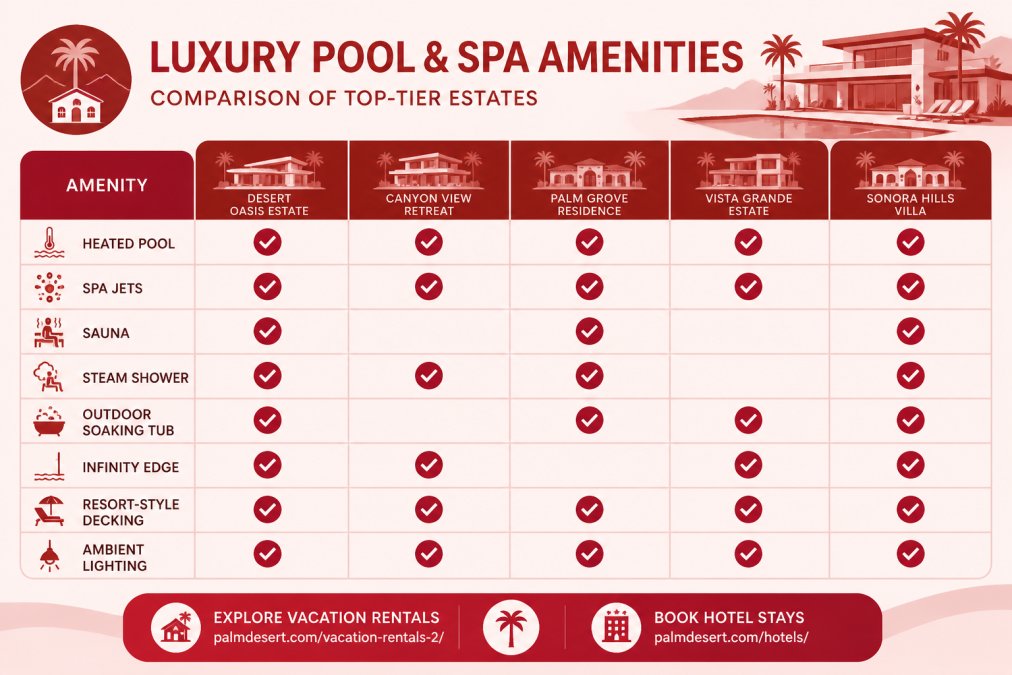 Comparison matrix showing luxury pool and spa amenities: heated pool, spa jets, sauna, steam shower, outdoor soaking tub, infinity edge, resort-style decking, ambient lighting, indicating which top-tier estates offer each feature