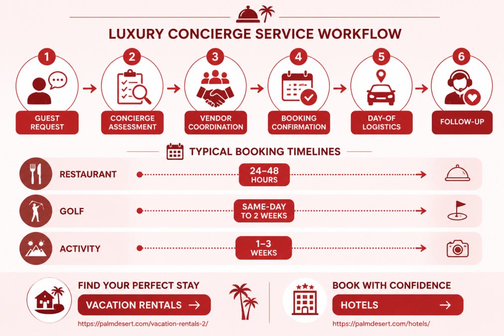 Flowchart showing luxury concierge service workflow: Guest request → Concierge assessment → Vendor coordination → Booking confirmation → Day-of logistics → Follow-up → showing typical timeline for restaurant reservations (24-48 hours), golf bookings (same-day to 2 weeks), and activity coordination (1-3 weeks)