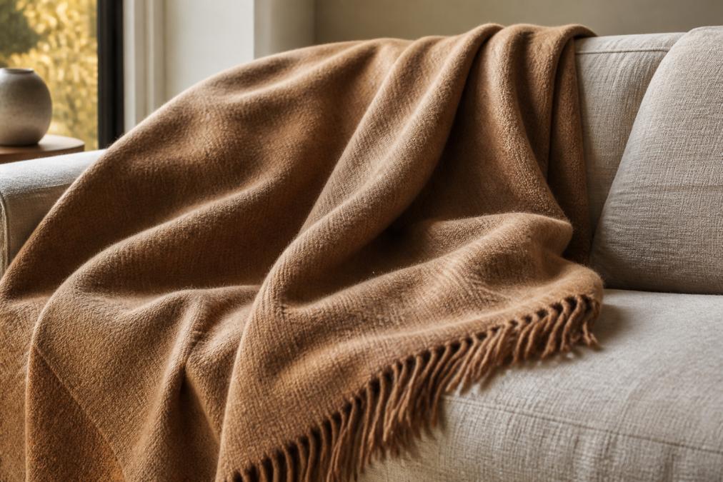 Close-up of a luxurious alpaca blanket draped over a modern sofa, showing the soft texture and rich color tones in natural light
