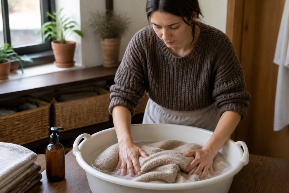 Hands gently washing a wool blanket in a basin of cool water with mild detergent, demonstrating proper hand-washing technique