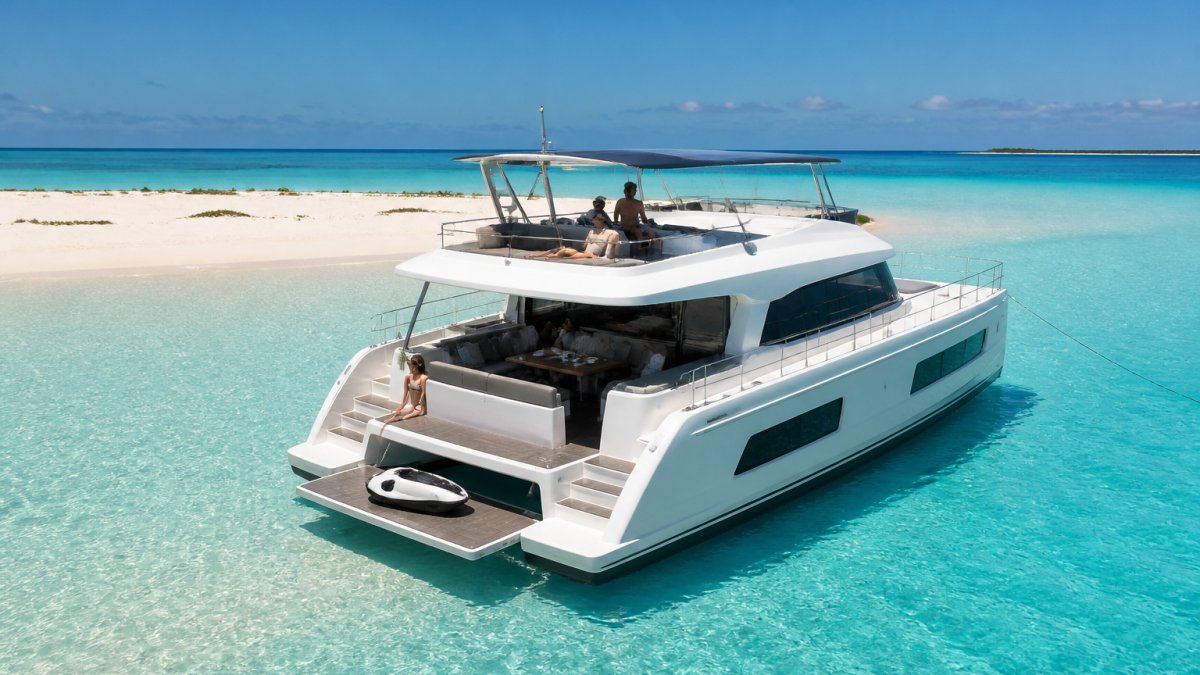 A luxury power catamaran anchored in shallow turquoise water near a sandbar in the Bahamas, with guests relaxing on the flybridge and a Seabob visible on the hydraulic swim platform, bright midday sun, aerial perspective showing the clear water gradient