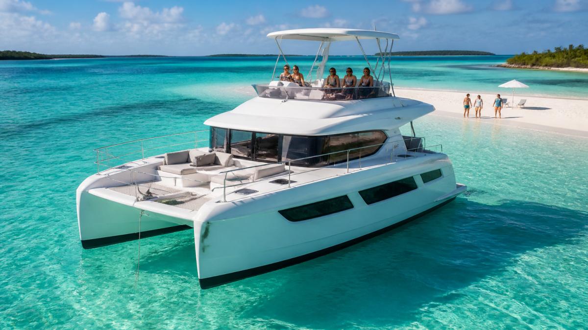 A luxury power catamaran anchored in clear turquoise Bahamian water with a white sandbar visible nearby, guests relaxing on the flybridge in bright afternoon sunlight