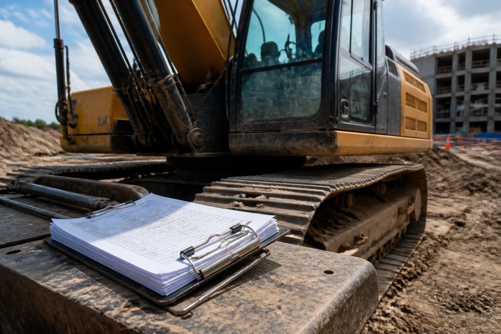 Heavy excavator parked on active construction site with maintenance records and service documentation visible on a metal clipboard resting on equipment frame, natural daylight