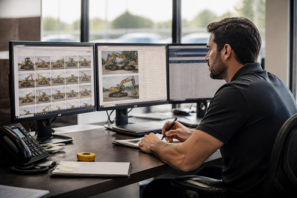 Professional equipment broker in modern office reviewing detailed equipment listings on multiple computer monitors, analyzing specifications and market data with natural window lighting