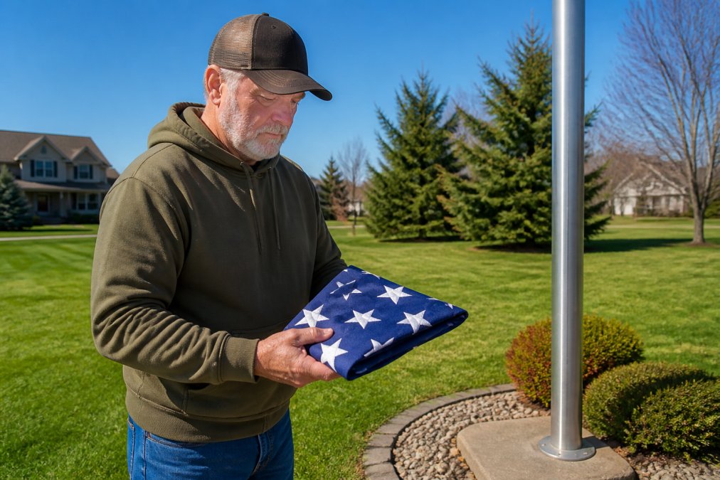 A person in casual outdoor clothing carefully folding a large American flag into the traditional triangular shape near a residential flagpole on a clear sunny afternoon, with green lawn visible in the background