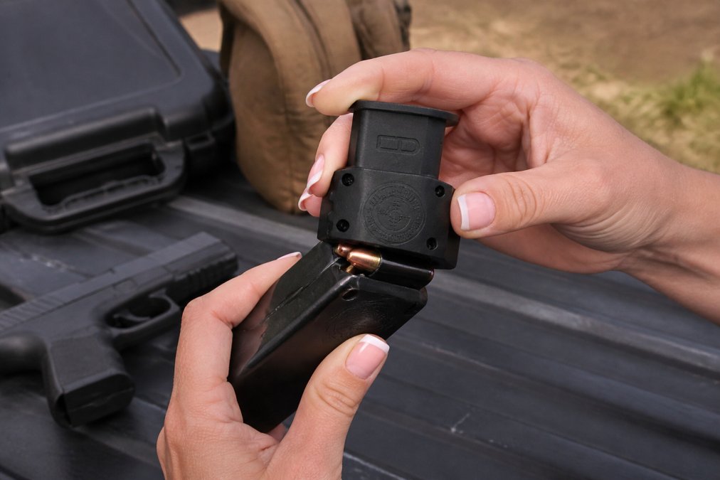 Close-up of hands with smaller grip size using a magazine loader on a pistol magazine at a shooting range, natural daylight illuminating the mechanics