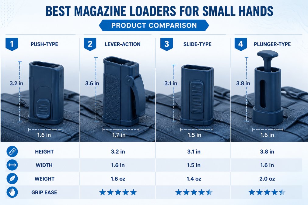 Four different magazine loaders displayed side by side on a range bag, showing size and design variations in natural outdoor lighting