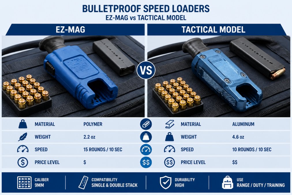Bulletproof EZ-MAG and TACTICAL model loaders displayed side-by-side on a range bag with 9mm ammunition and magazines nearby, natural lighting showing polymer and aluminum construction details