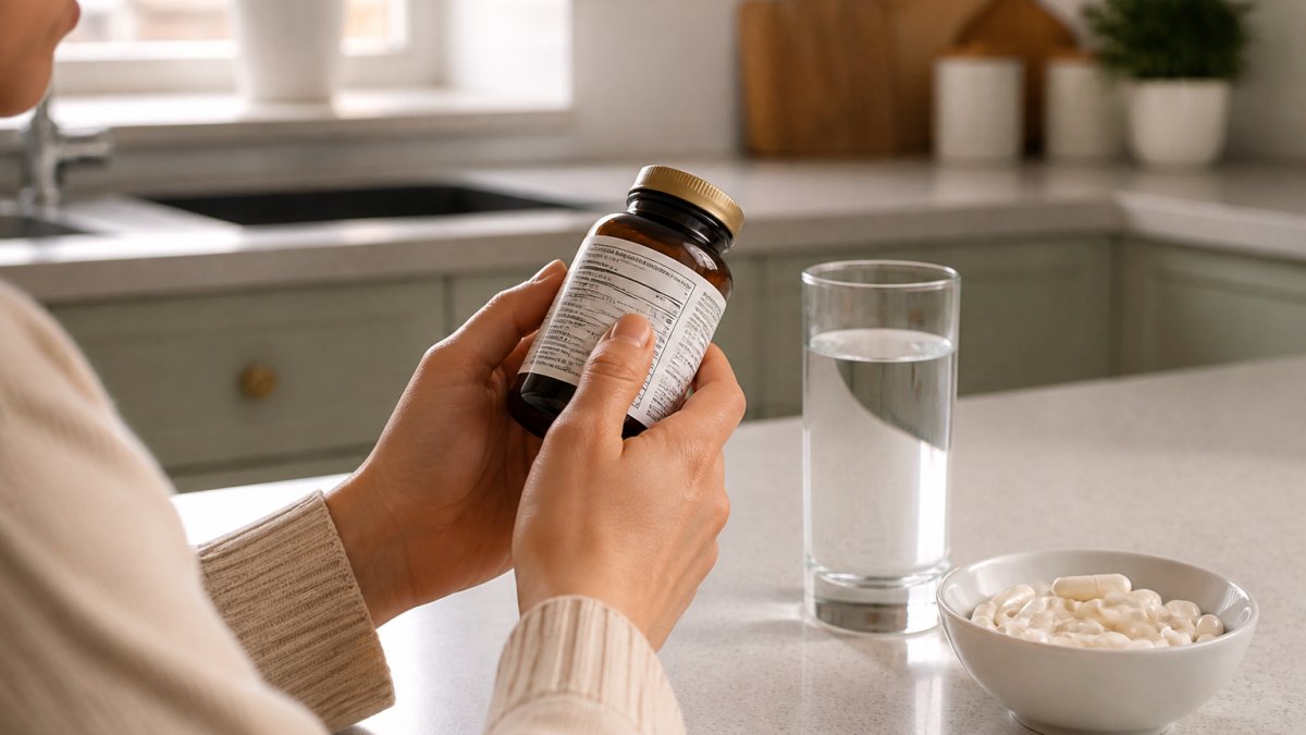 Close-up of a person's hands holding a supplement bottle and reading the label in a bright kitchen, with a glass of water nearby