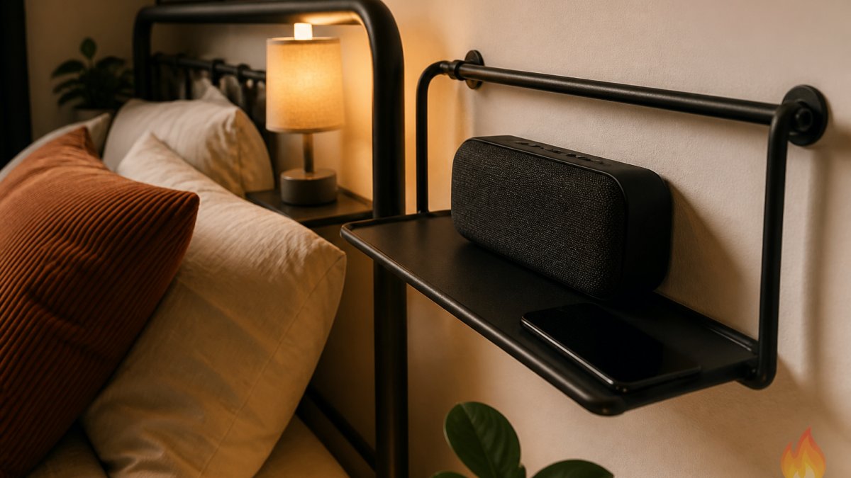 Compact black fabric speaker magnetically attached to a metal bedside shelf in a warm, cozy bedroom.
