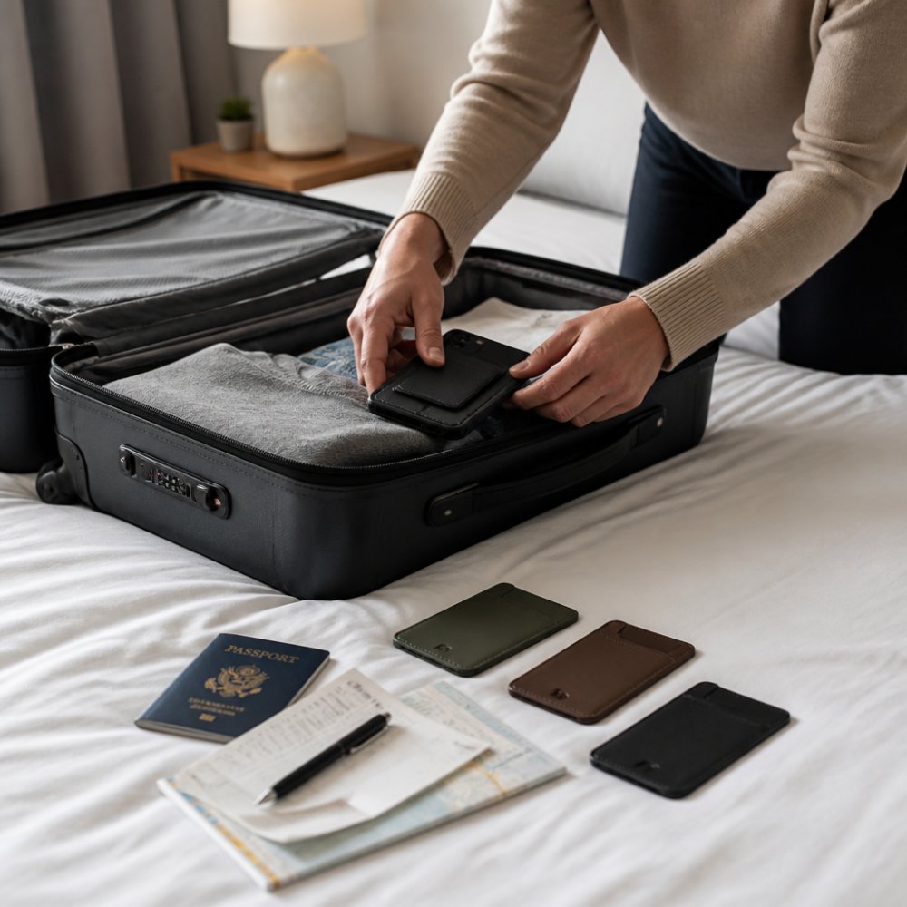 Traveler packing a carry-on suitcase with magnetic phone wallet, passport, and travel documents organized on a bed with minimalist aesthetic
