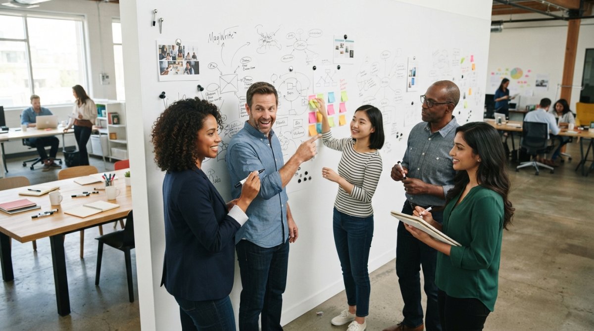 Diverse group of professionals actively brainstorming around a large magnetic whiteboard wall in a modern office, with colorful magnets holding sketches, photos, and handwritten notes, team members writing and gesturing at ideas