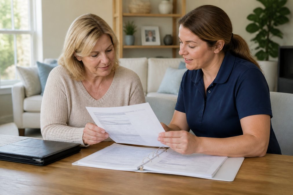 Homeowner reviewing insurance certificates and background check documentation with a professional cleaning service representative in a bright, modern living room