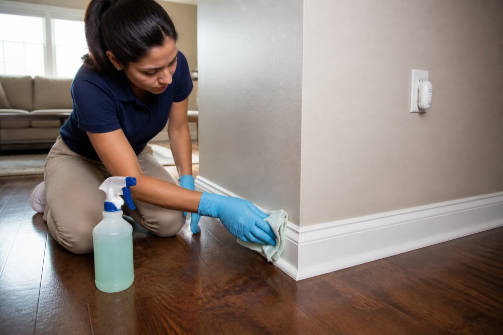 Professional cleaner performing detailed surface cleaning and attention to baseboards in a residential home, demonstrating thorough maintenance techniques
