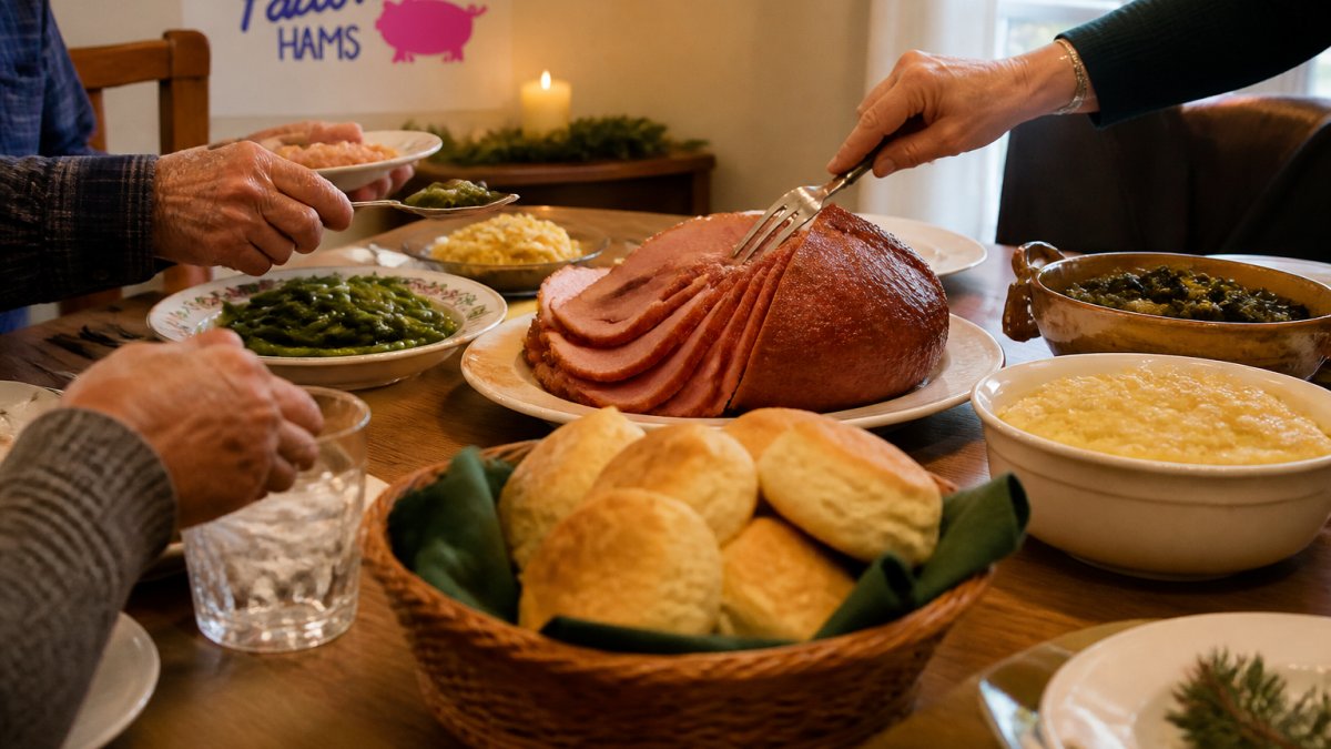 Infographic showing the essential southern specialties for a holiday feast, including country ham and biscuits.