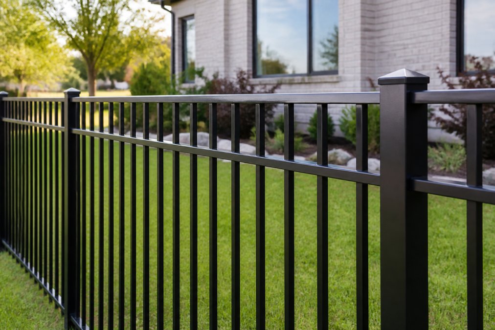 Close-up of a powder-coated aluminum fence panel installed in a residential backyard, showing the clean metallic finish and vertical pickets with no visible rust, corrosion, or discoloration under natural daylight
