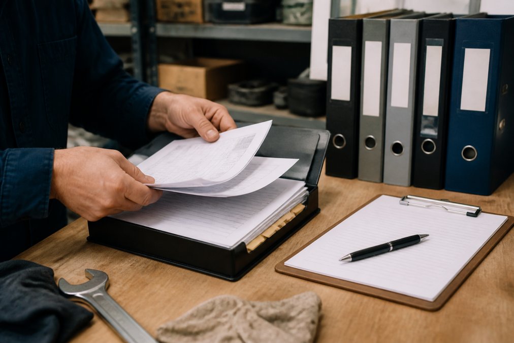 Professional organizing maintenance receipts and invoices in a labeled folder on a desk with clipboard and pen in organized office setting
