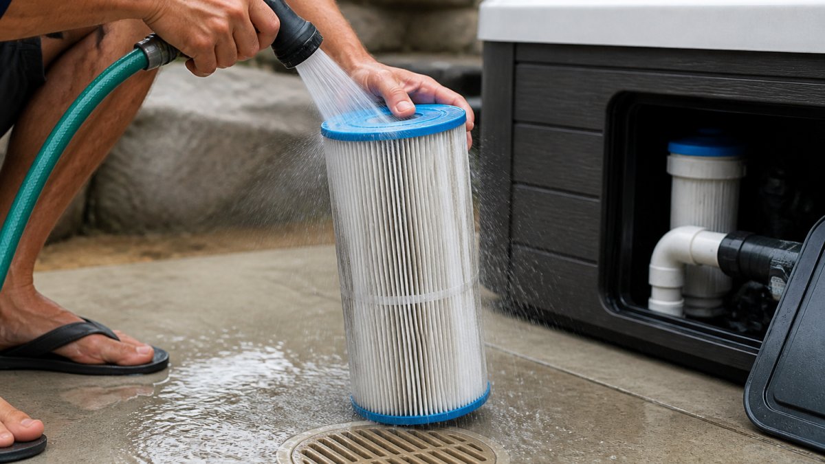Hands rinsing a spa filter with a hose to maintain water clarity and support spa ozone systems.