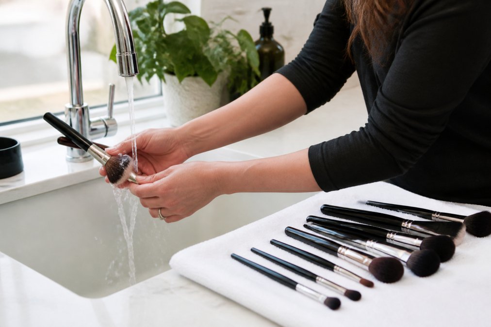 Professional makeup artist rinsing brushes under running water with soap, bristles pointing downward, clean brushes laid on white towel drying in natural light