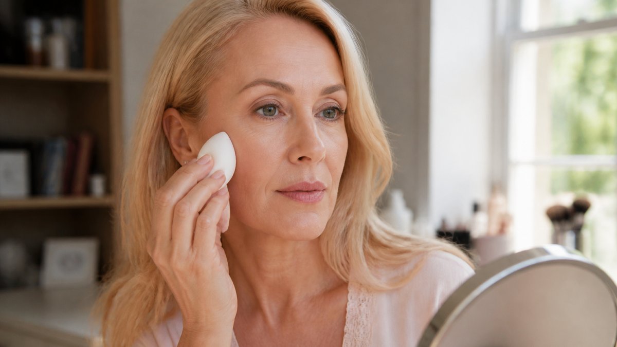Woman in her 50s using a damp sponge to blend the best makeup for 50 year old skin for a smooth, natural finish.