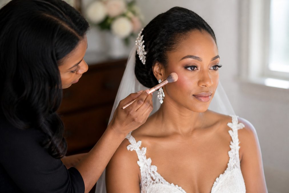 Makeup artist applying blush and highlighter for the best makeup for wedding day glow on a bride’s radiant skin