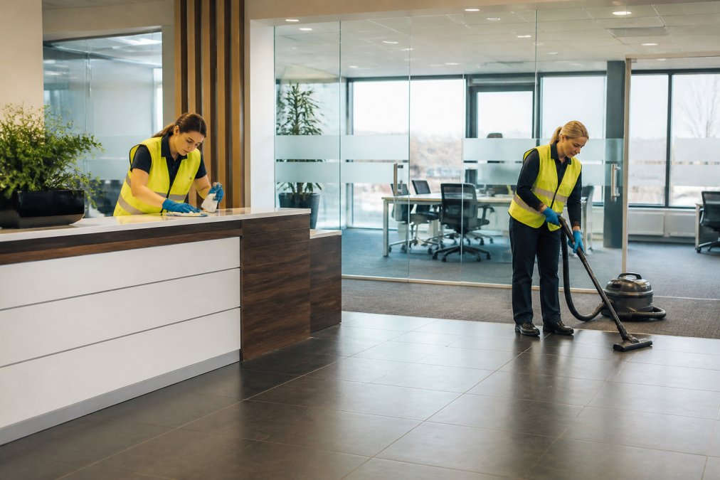 Professional cleaning team in high-visibility clothing working in a modern office reception area with desks and glass partitions, morning light from large windows