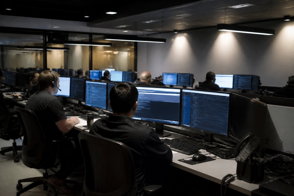 Security operations center with multiple analysts monitoring screens displaying real-time threat alerts, network activity dashboards, and incident response workflows in a modern facility