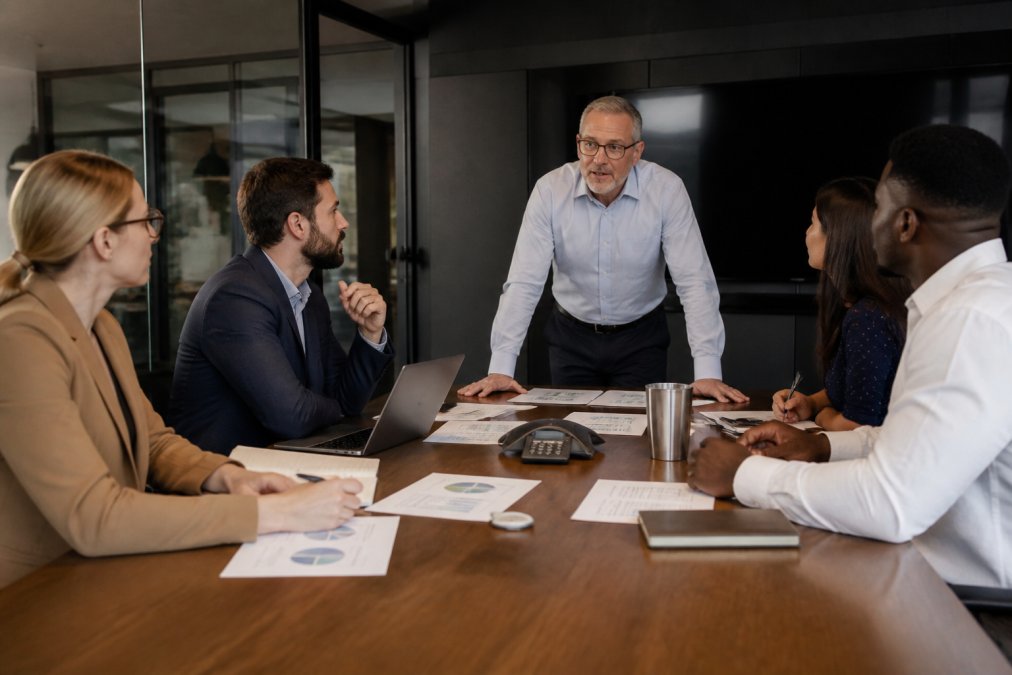 CISO and IT team members in modern conference room reviewing security metrics, incident response plans, and threat intelligence on a large display screen with professional lighting