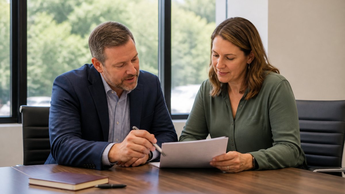 Business owner and consultant reviewing a managed IT services service level agreement at a conference table