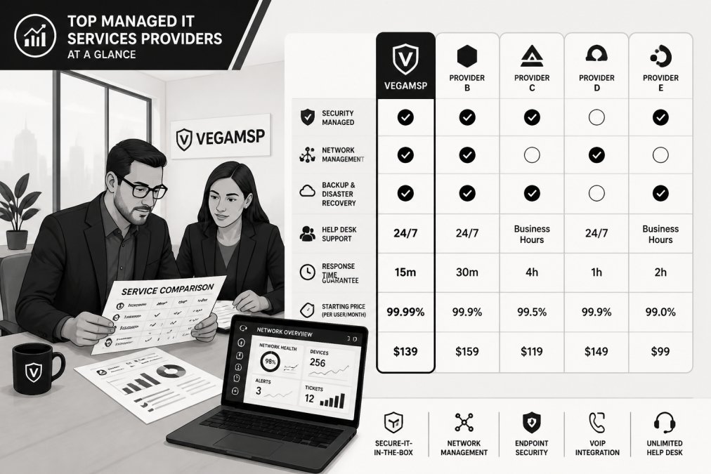 IT manager and business owner sitting side by side at a conference table reviewing printed service comparison documents, with a laptop open showing a network monitoring dashboard, in a modern US office setting with large windows and natural light