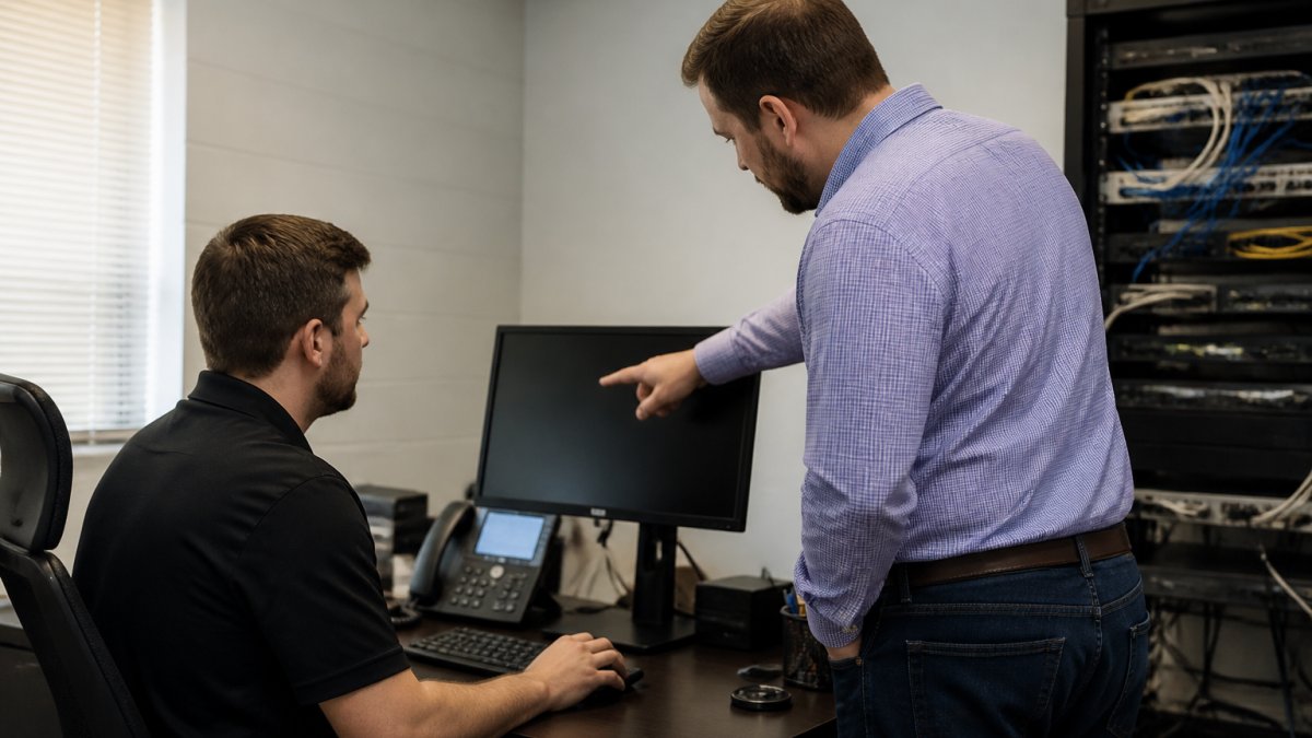 An IT technician at a desk in a small office, reviewing a network dashboard on a monitor while a business owner points at the screen during a consultation