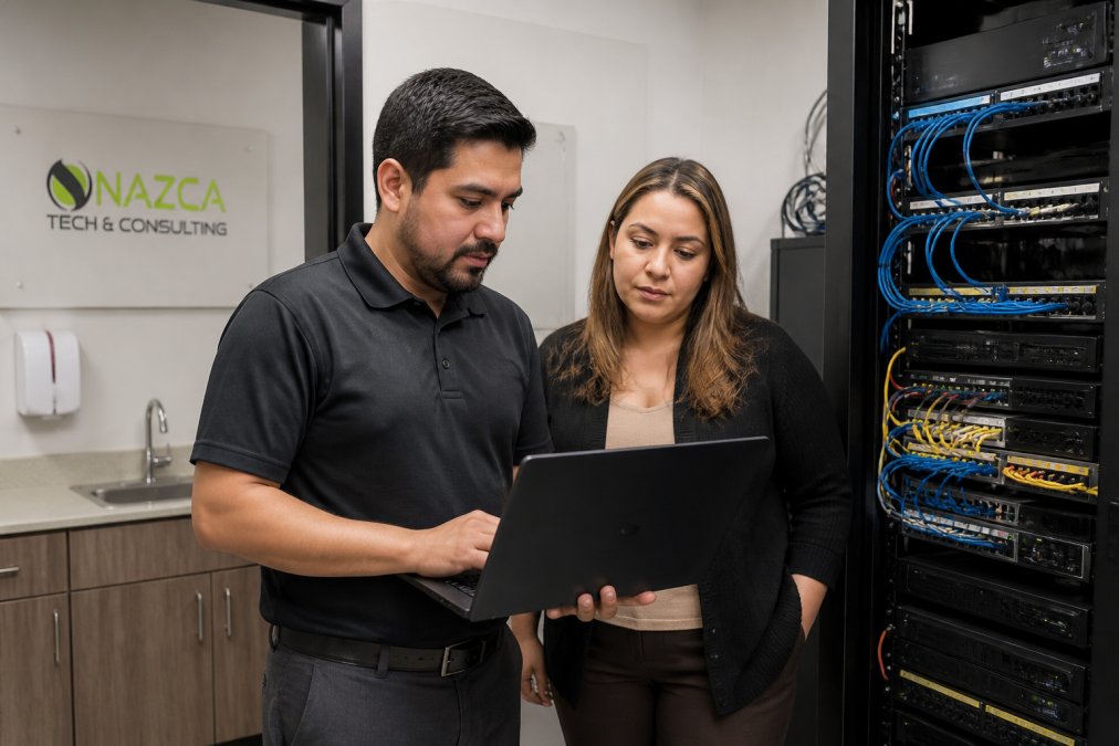 Technician and manager reviewing network status on a laptop for managed IT services in a clinic server room