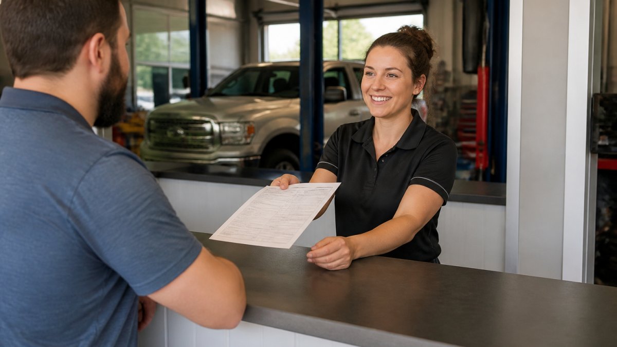 Service advisor handing a repair estimate to a customer as a Mango Automotive alternative at a local shop.