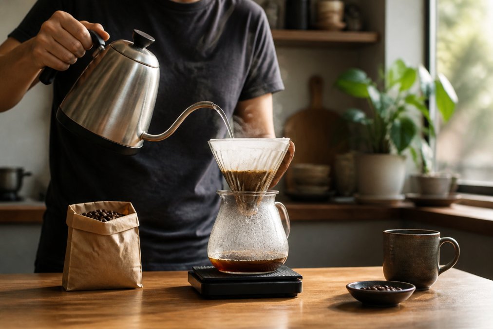 A home barista's counter setup with a gooseneck kettle pouring hot water over a pour-over brewer into a glass carafe, with a small bag of single origin coffee beans nearby