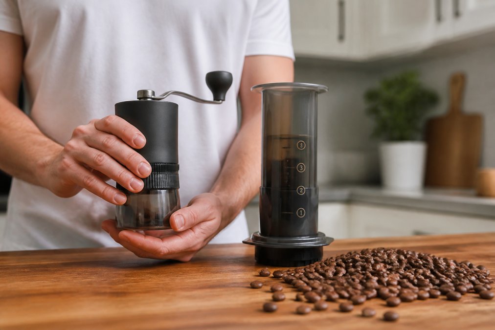 Hands holding a manual coffee grinder beside an AeroPress with scattered coffee beans on a wooden countertop