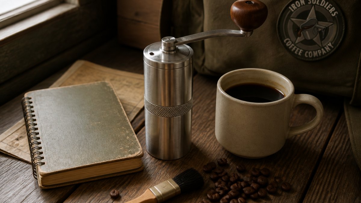 Close-up of a stainless steel manual coffee grinder on a wooden table beside a cup of black coffee, a small brush, and scattered coffee beans, with a vintage military field notebook nearby