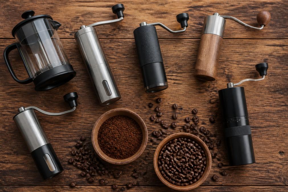 Flat lay arrangement of various manual coffee grinders displayed on wooden surface with a French press, freshly ground coffee, and coffee beans scattered nearby