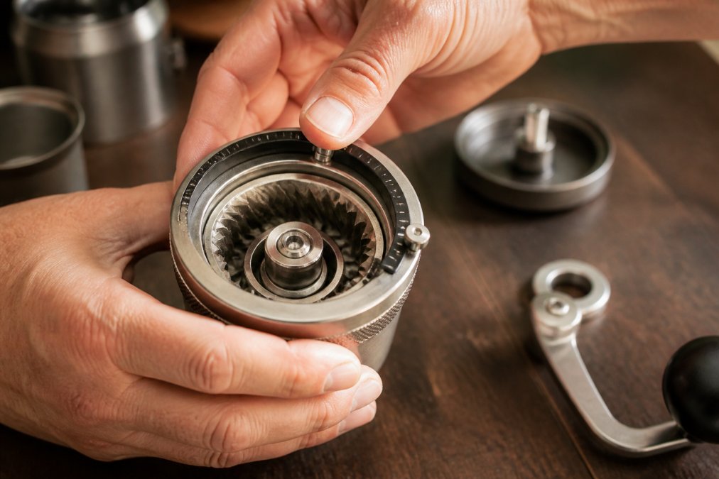 Close-up of a manual coffee grinder's internal conical burrs being examined, showing the stepped adjustment dial and precision bearing alignment in detail under bright workshop lighting