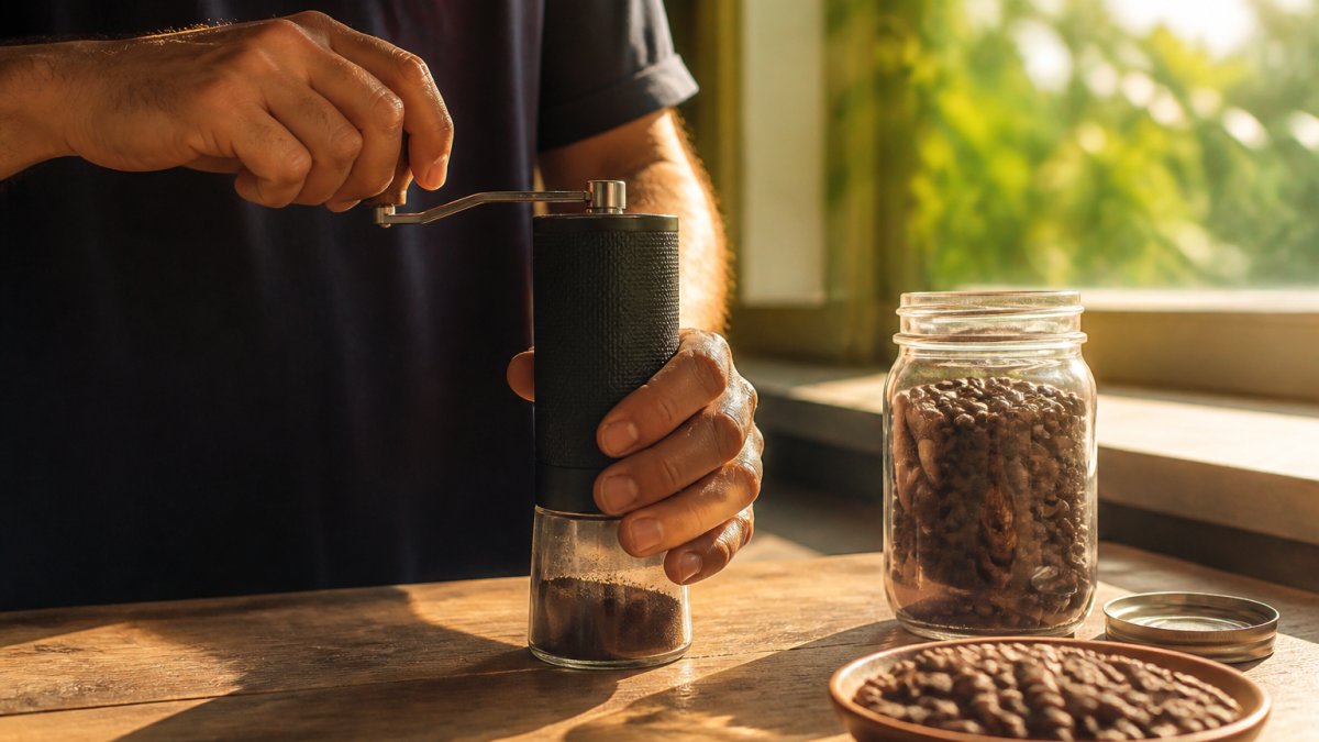 Close-up of hands using a manual coffee grinder with freshly roasted coffee beans visible on a wooden counter, morning sunlight streaming across the surface