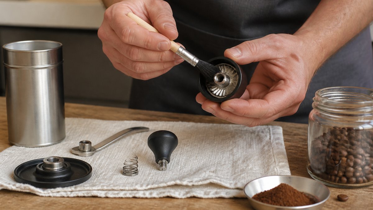 Close-up of hands using a small cleaning brush to sweep coffee grounds from the burrs of a disassembled manual coffee grinder on a kitchen counter, with a towel and grinder parts laid out nearby
