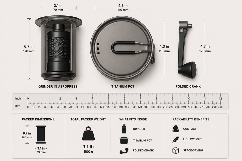 Diagram showing dimensions of a manual coffee grinder packed inside an AeroPress chamber with a titanium camping pot