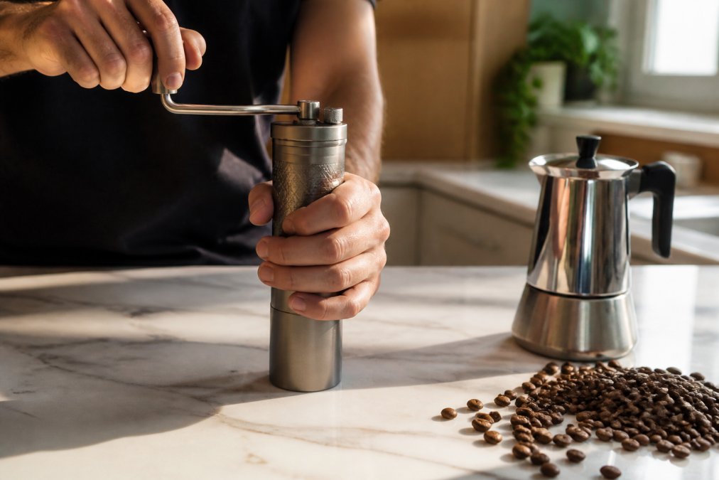 Hands cranking the Fiamma & Ferro Titanium+ as the best manual grinder for fine espresso on a marble counter.