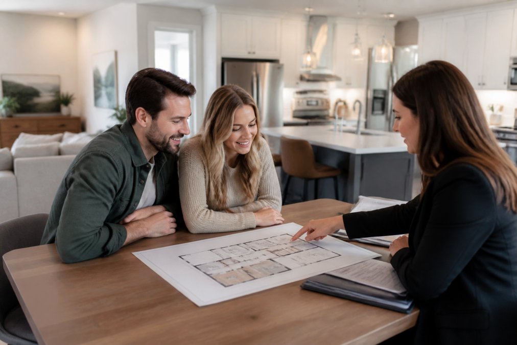 A happy couple reviews floor plans on a tablet with one of our manufactured home dealers in a model unit.