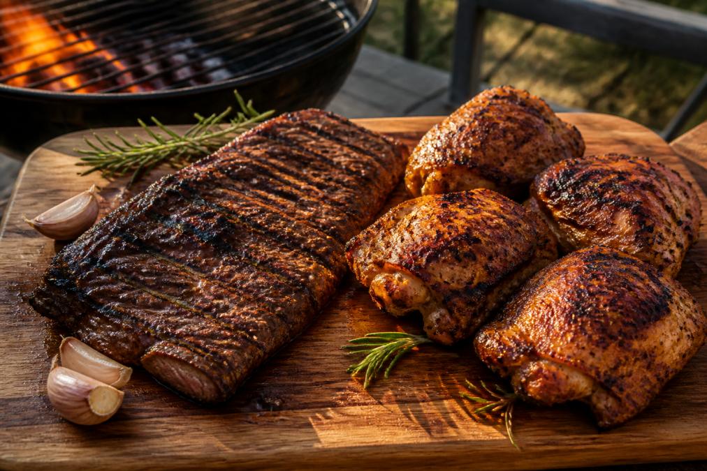 Marinated grilled meat and chicken thighs with char marks resting on a wooden board beside a charcoal grill