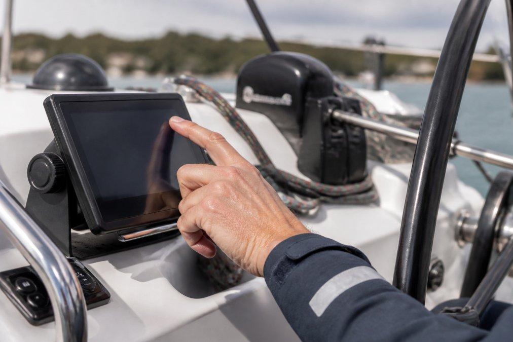 Close-up of a sailor's hand adjusting a Garmin GHC 50 touchscreen display mounted on a sailboat helm, with the SmartDrive actuator visible in the background