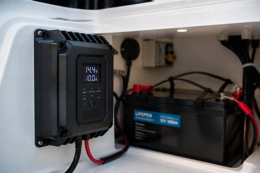Close-up of a marine battery charger with digital display mounted in a boat's cabin, showing real-time voltage and amperage readouts with a 12V LiFePO4 battery pack visible in the background