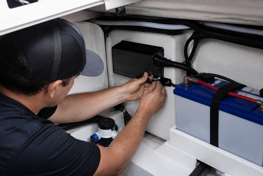 Boater installing a waterproof onboard charger in a boat's engine compartment, carefully routing the power cable and securing the mounting bracket with stainless steel hardware, with a 12V LiFePO4 battery visible nearby