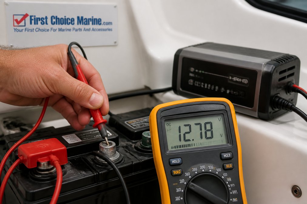 Close-up of a marine battery terminal with a digital multimeter probe touching the post, showing voltage reading on the display, with a boat battery and charger visible in soft natural lighting